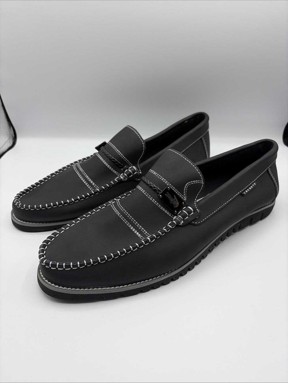 Lacoste Made in Italy Mens Black Leather Loafers Moc Toe Shoes EU 46 US 12 NWOB